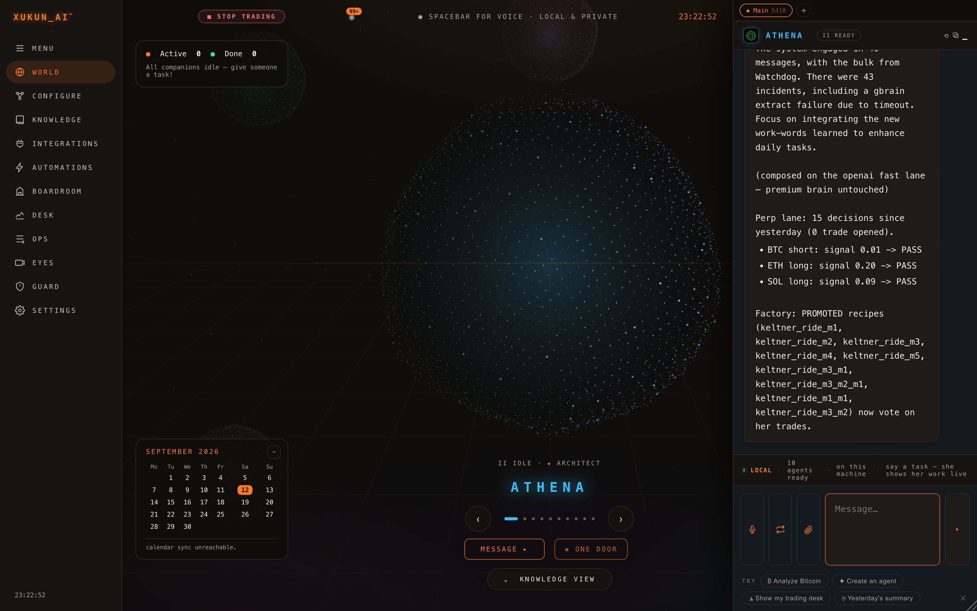 XukunAI dashboard — Athena's live view with the trading decision log