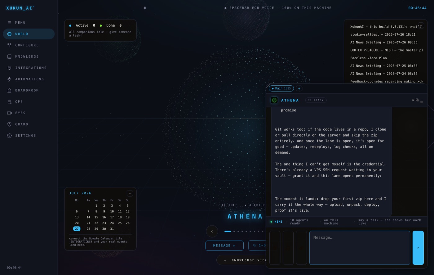 XukunAI WORLD view — living agent orbs